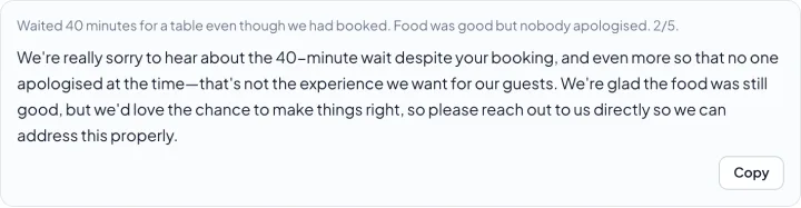 Real capture: a 2-star review about a long wait and the apology written by AvisNova